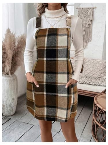 WDIRARA Women's Plaid Sleeveless Pinafore Short Dress with Pockets