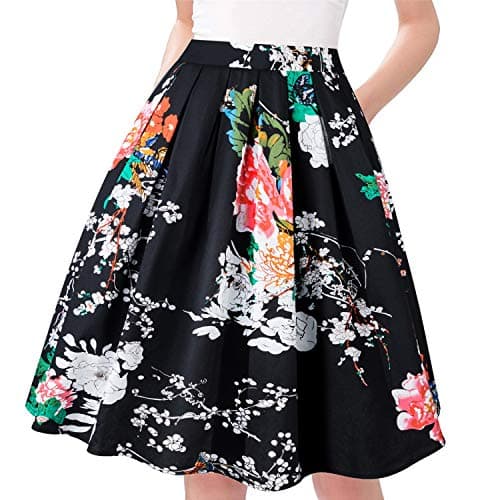 Taydey Vintage Pleated A-Line Skirts for Women — Black and White Flower