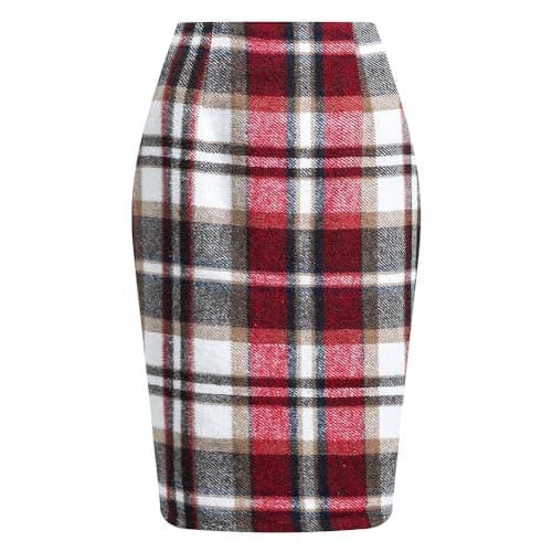 Womens High Waist Plaid Wool Bodycon Mini Skirt Slit — Wine Red Grid