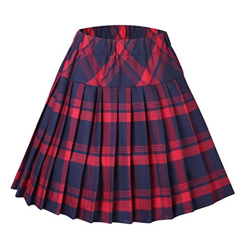 EXCHIC Women's High Waist Tartan Pleated Mini Skirt Plaid Skater Style — 1 Red