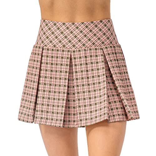 Amxiway Women's Pleated Mini Plaid Skort for Tennis & Golf — Pink Plaid