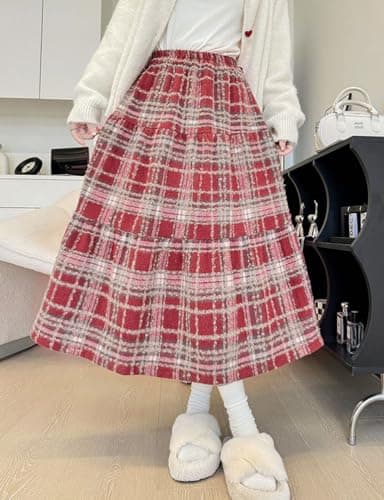 IDEALSANXUN Wool Plaid High Waist Midi Skirt for Women