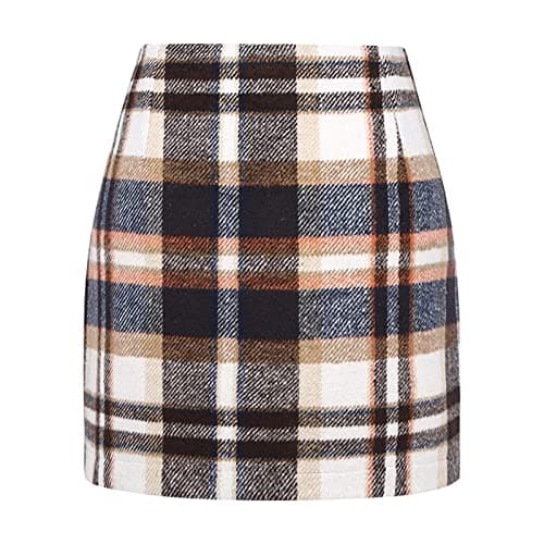 Sastianaen Women's High Waist Zip Up Plaid Wool Bodycon Mini Skirt