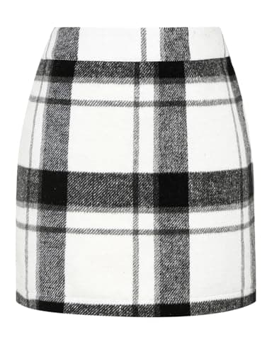 Women's Wool Plaid Mini Skirt with Elastic Waist for Fall and Winter — Whiteblack