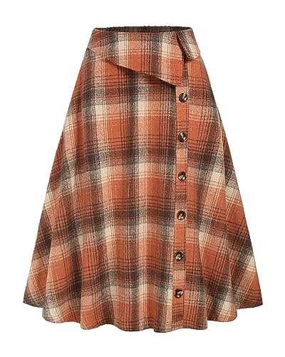 ZAFUL Women's Winter Plaid A-Line Midi Skirt with Pockets — Orange Plaid