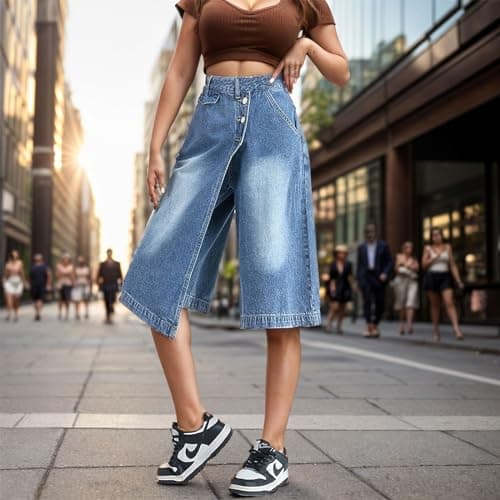 Djeanxa Women's Y2K Wide Leg Knee-Length Denim Shorts with Pockets