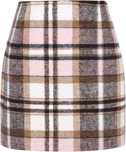 WIFFGO Women's High-Waisted Plaid Wool Mini Skirt — Pink