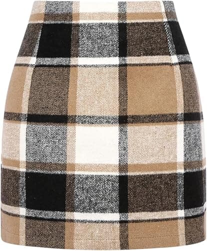 EachWell Women's High-Waist Plaid Wool Bodycon Mini Skirt — Dark Khaki