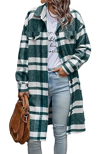 PrettyGarden Women's Plaid Shacket Long Sleeve Button Up Flannel Winter Coat — Plaid Dark Green