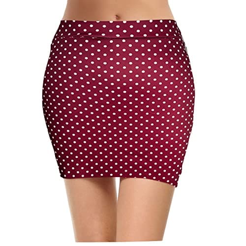 Topdress Women's High Waisted Elastic Pencil Skirts with Slit — Burgundy White Dot Mini
