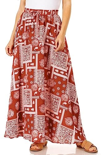 Trendy Women's Maxi Skirts - Flowy Summer Aline Elastic High Waisted Reg & Plus Size — Red Paisley