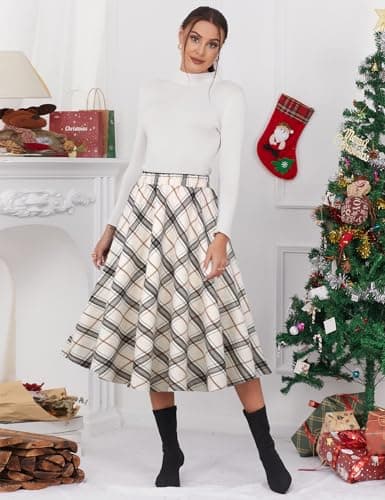 IDEALSANXUN Women’s A-line Plaid Midi Skirt with Elastic Waist