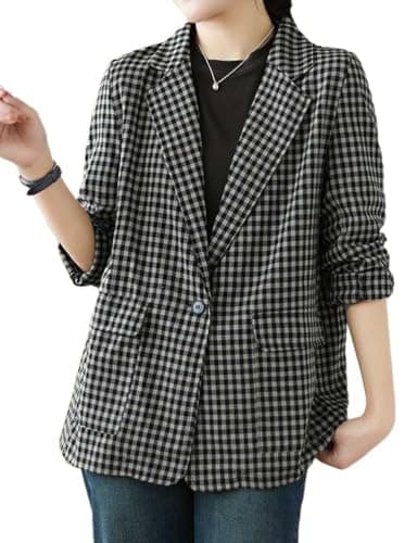 Cotton Linen Plaid Blazer for Women Oversized Lightweight Jacket — Plaid 02