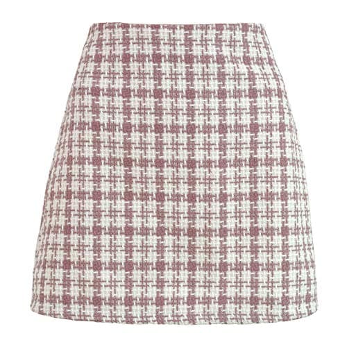 Women's High Waist Plaid Wool Mini Skirt — Tweed Pink
