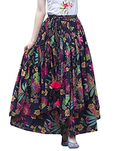 Womens Elastic Waist Retro Maxi Pleated Long Skirt — Print 17