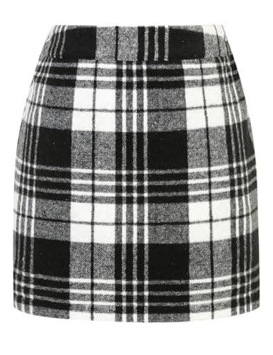 Women's Wool Plaid Mini Skirt with Elastic Waist for Fall and Winter — Blackwhite