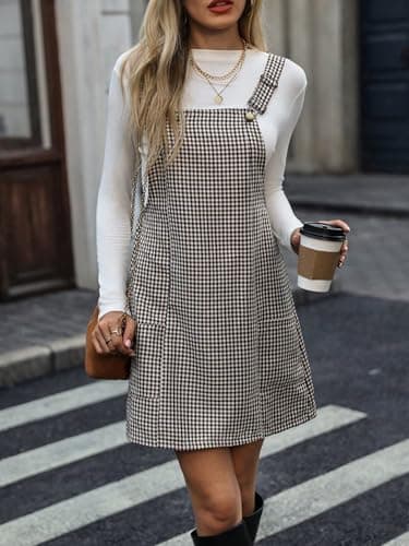 Milumia Women's Adjustable Straps Houndstooth Overalls Short Dress with Pocket