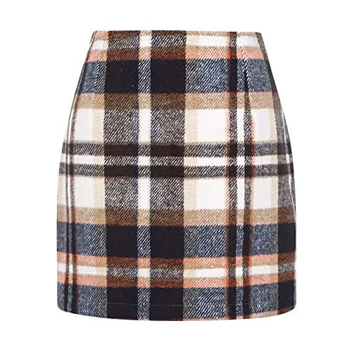 Women's Plaid Wool Mini Skirt for Fall and Winter — Brown