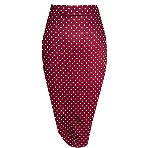Topdress Women's High Waisted Elastic Pencil Skirt Knee Length Short with Slit — Burgundy White Dot
