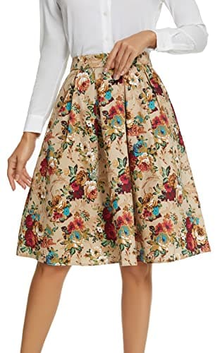 Tandisk Women's Vintage Printed Flared Midi Skirt with Pockets — Gold Flower