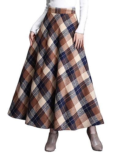 Vintage High Waist Wool Blend Plaid A-Line Maxi Skirt for Women — Khaki