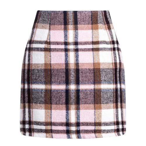 Scacto Women's Casual High Waist Plaid Wool Mini Skirt — Pink