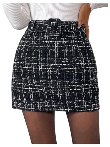 Milumia Women's Plaid High-Waisted Straight Mini Skirt with Tweed Belt