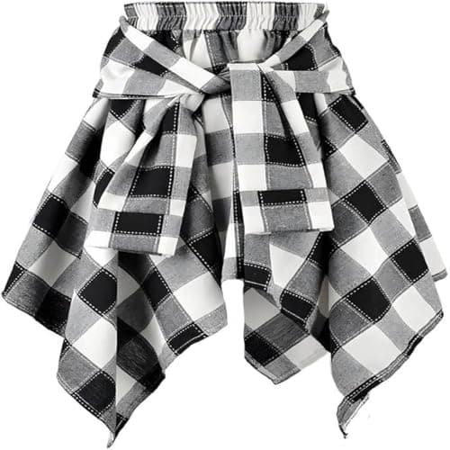 Women's Elastic Waist Plaid Mini Skater Skirt Knot Front Irregular Hem — Black-white