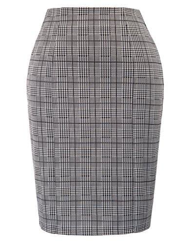 Women's Kate Kasin Knee-Length Elastic Waist Stretch Plaid Business Skirt — Plaid Grey