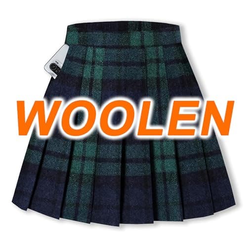 Sangtree Women's Wool Pleated Skirt with Stretch Band, US 4XL, Winterattice — Plaid Green Navy Woolen