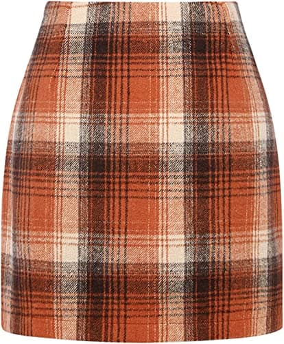 Women's High Waist Plaid Wool Mini Skirt — Orange