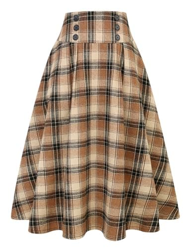 Women's High Waist Plaid A-line Midi Skirt by IDEALSANXUN — Light Brown