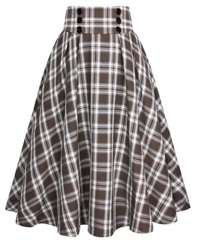 Belle Poque High Waisted Pleated Midi Plaid Skirt with Pockets