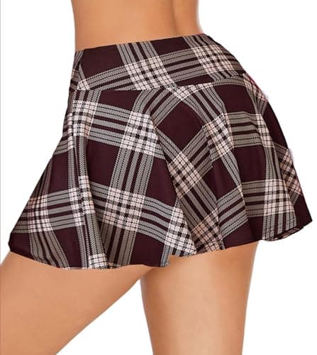 Avidlove Mini Pleated Drawstring Skater Skirt S-XXL — Brown Plaid