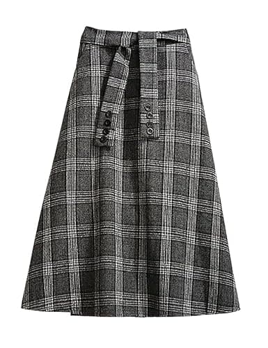 IDEALSANXUN Women's Wool Plaid A-Line Midi Skirt - High Waisted and Belted for Fall/Winter