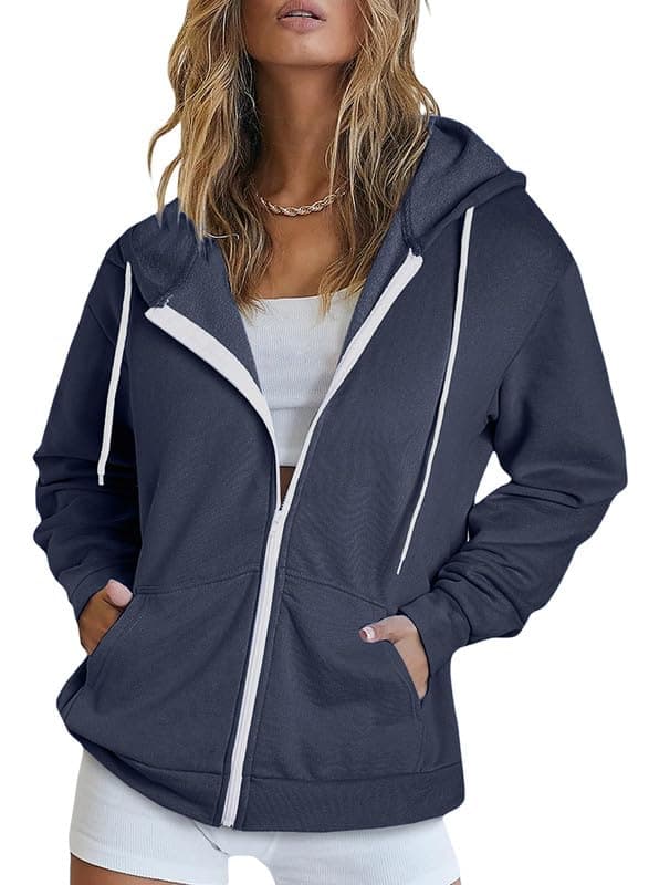 Women's Zip Up Hoodie Sweatshirt Jacket Coat — A Navy Blue 2