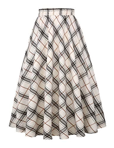 Women's Plaid A-line Midi Pleated Skirt — Beige D39