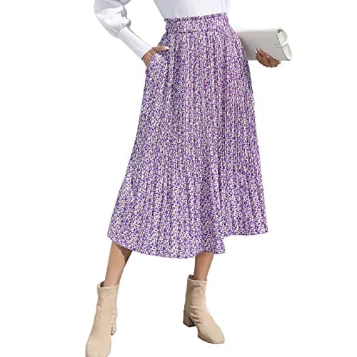EXLURA Women's High Waist Pleated Polka Dot Maxi Midi Skirt with Pockets — Purple Floral
