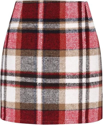 EachWell Women's High-Waist Plaid Wool Bodycon Mini Skirt — Red