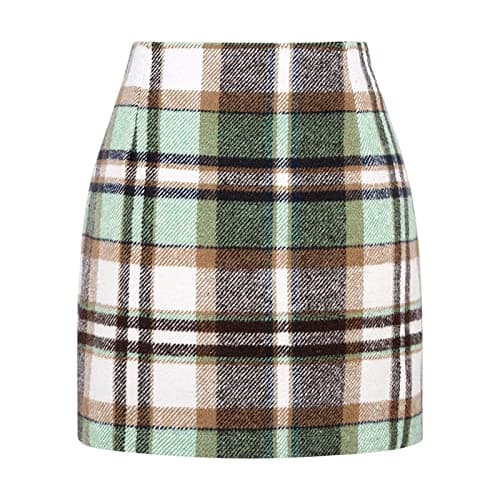 Yuemengxuan Women's Wool Plaid High Waist A-line Skirt — Mini Length Green