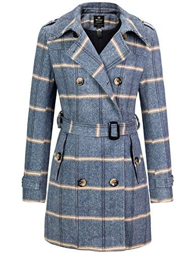 Women's Double Breasted Winter Trench Coat with Belt by Wantdo — Gray Plaid
