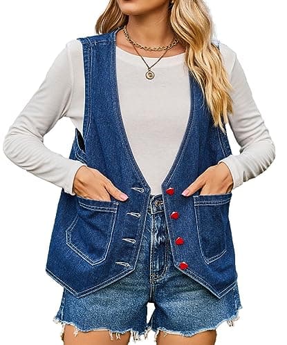 PAODIKUAI Women's Oversized Distressed Denim Vest Jackets — A6-blue