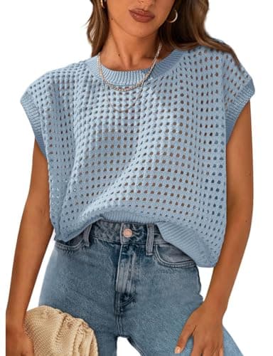 IDEALSANXUN Women's Crochet Sweater Vest Shorts Casual Pullover Tank Tops — Light Blue