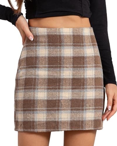 We1Fit Women's Plaid High Waist Wool Bodycon Mini Skirt with Shorts — Light Brown