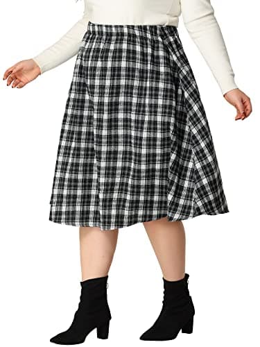 Agnes Orinda Plus Size 2024 A-line Plaid Flare Midi Skirt — Black