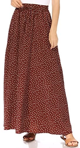 Trendy Women's Maxi Skirts - Flowy Summer Aline Elastic High Waisted Reg & Plus Size — Coffee White Dots
