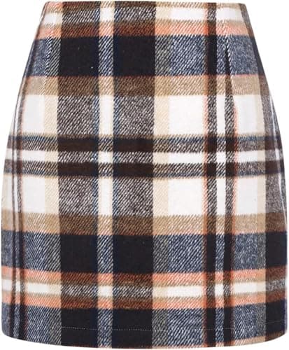 WIFFGO Women's High-Waisted Plaid Wool Mini Skirt — A-brown