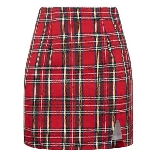 Ibeauti Women's High Waist Plaid Mini Pencil Skirt with Side Split — Plaid Red 01