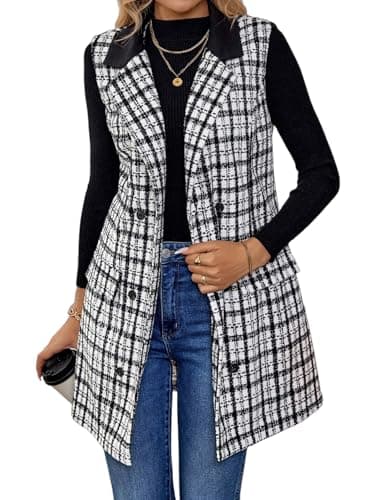 IDEALSANXUN Women's Long Tweed Sleeveless Blazer Jacket — Black