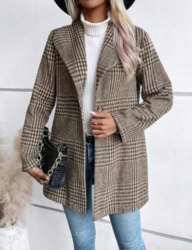 Long Wool Plaid Blazer for Women's Fall and Winter Outfits